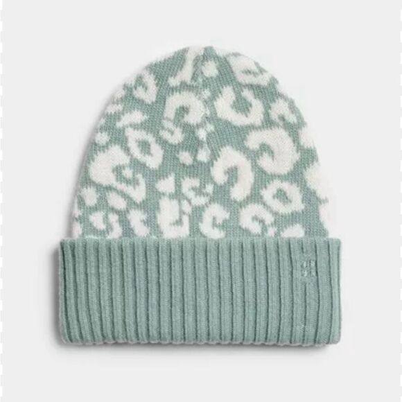 NWT SWEATY BETTY ANIMAL JACQUARD BEANIE IN BLUE LEOPARD PAINT JACQUARD - Picture 2 of 8